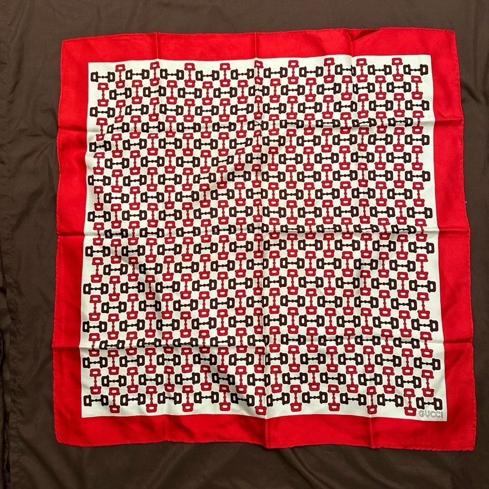 COPY - Gucci Large Scarf horsebit pattern Red Beige 60x60cm Silk Vintage